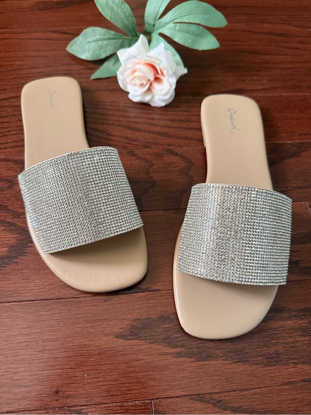 Qupid Nude Rhinestone Crystal Slide Sandals NWT Size 9 Glam
